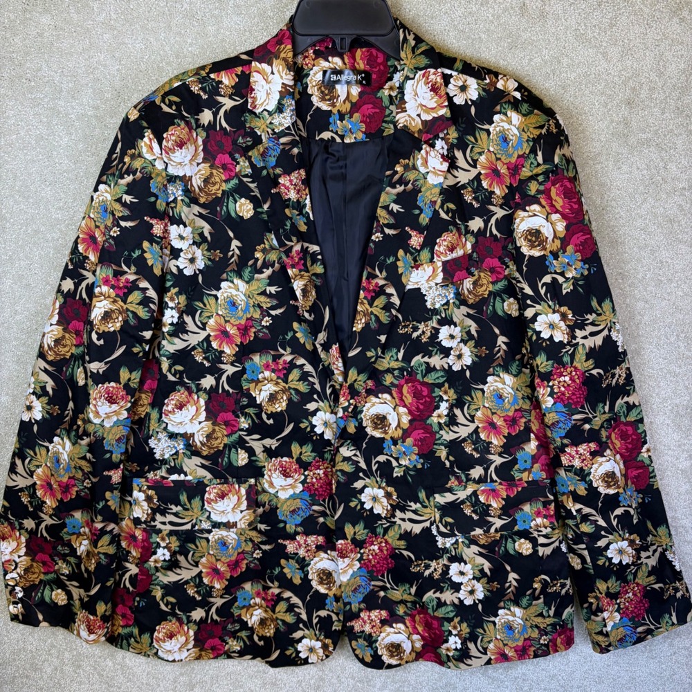 Allegra K Floral Blazer Womens XL Black Multicolor Rose Print Notch Lapel Jacket